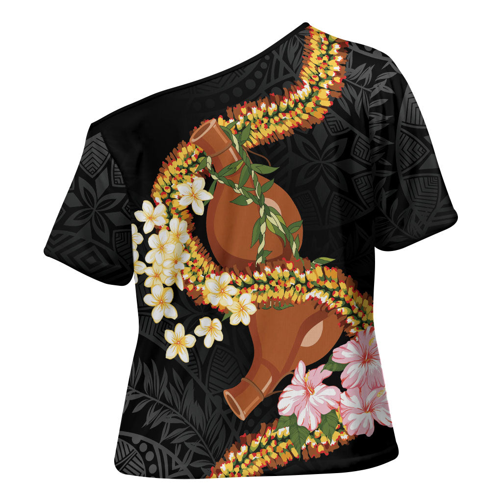 Aloha Hawaii Ipu Gourd Mix ʻĀkulikuli Lei Cross Shoulder Shirt Obsidian Black LT7 - Polynesian Pride