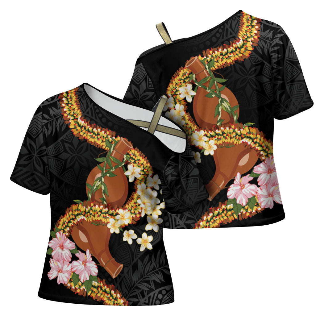 Aloha Hawaii Ipu Gourd Mix ʻĀkulikuli Lei Cross Shoulder Shirt Obsidian Black LT7 - Polynesian Pride