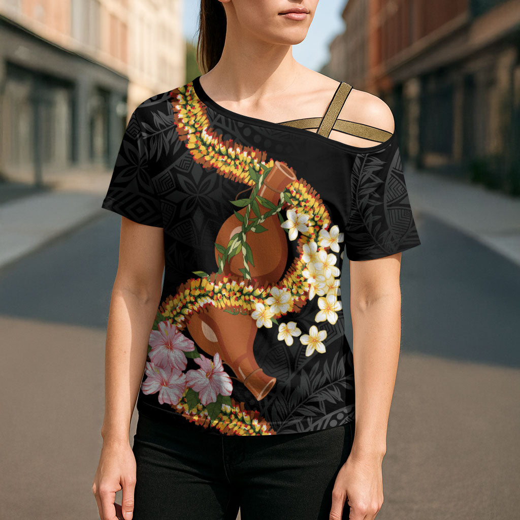 Aloha Hawaii Ipu Gourd Mix ʻĀkulikuli Lei Cross Shoulder Shirt Obsidian Black LT7 - Polynesian Pride