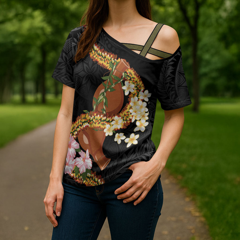 Aloha Hawaii Ipu Gourd Mix ʻĀkulikuli Lei Cross Shoulder Shirt Obsidian Black LT7 - Polynesian Pride