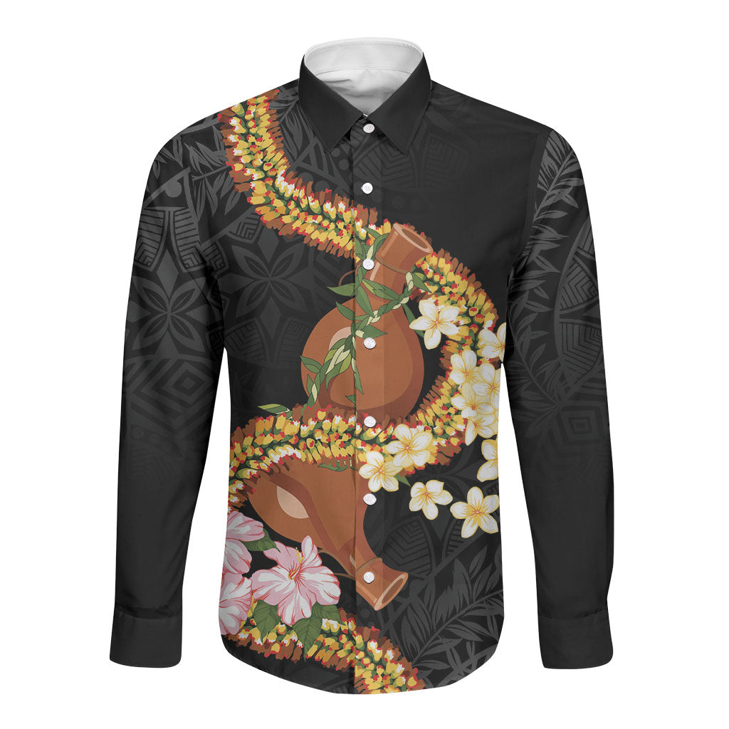 Aloha Hawaii Ipu Gourd Mix ʻĀkulikuli Lei Long Sleeve Button Shirt Obsidian Black LT7 Unisex Obsidian Black - Polynesian Pride