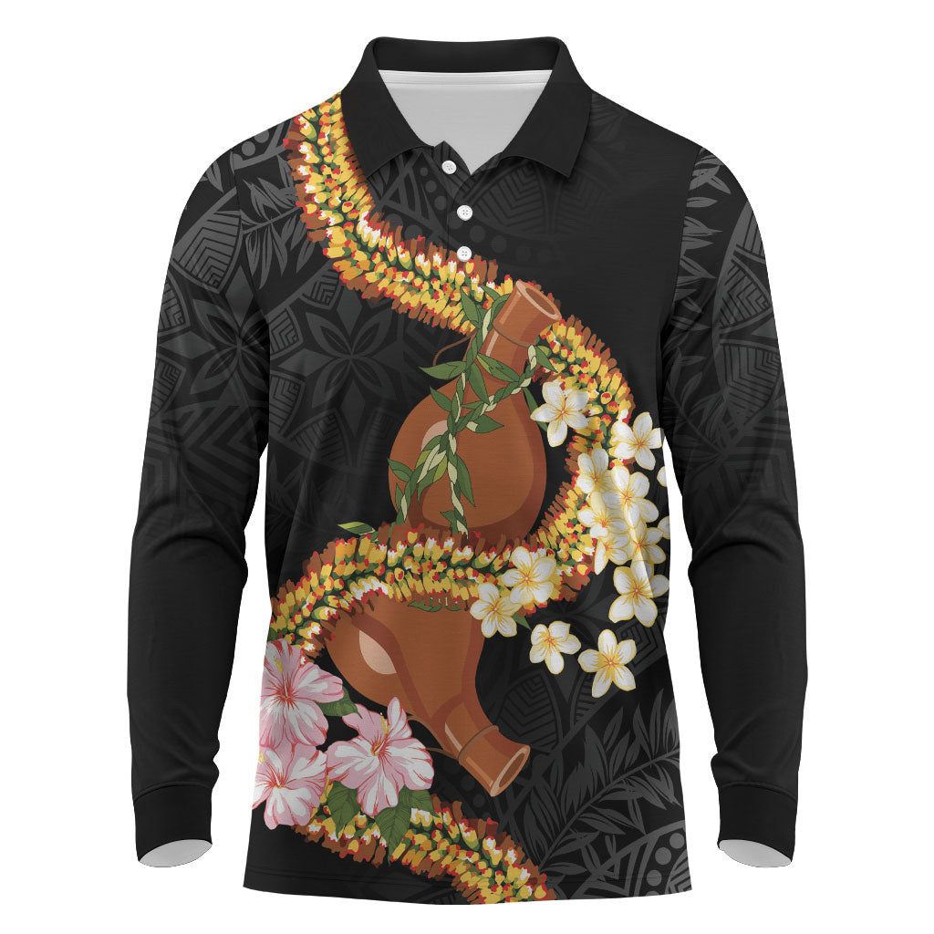 Aloha Hawaii Ipu Gourd Mix ʻĀkulikuli Lei Long Sleeve Polo Shirt Obsidian Black LT7 Obsidian Black - Polynesian Pride