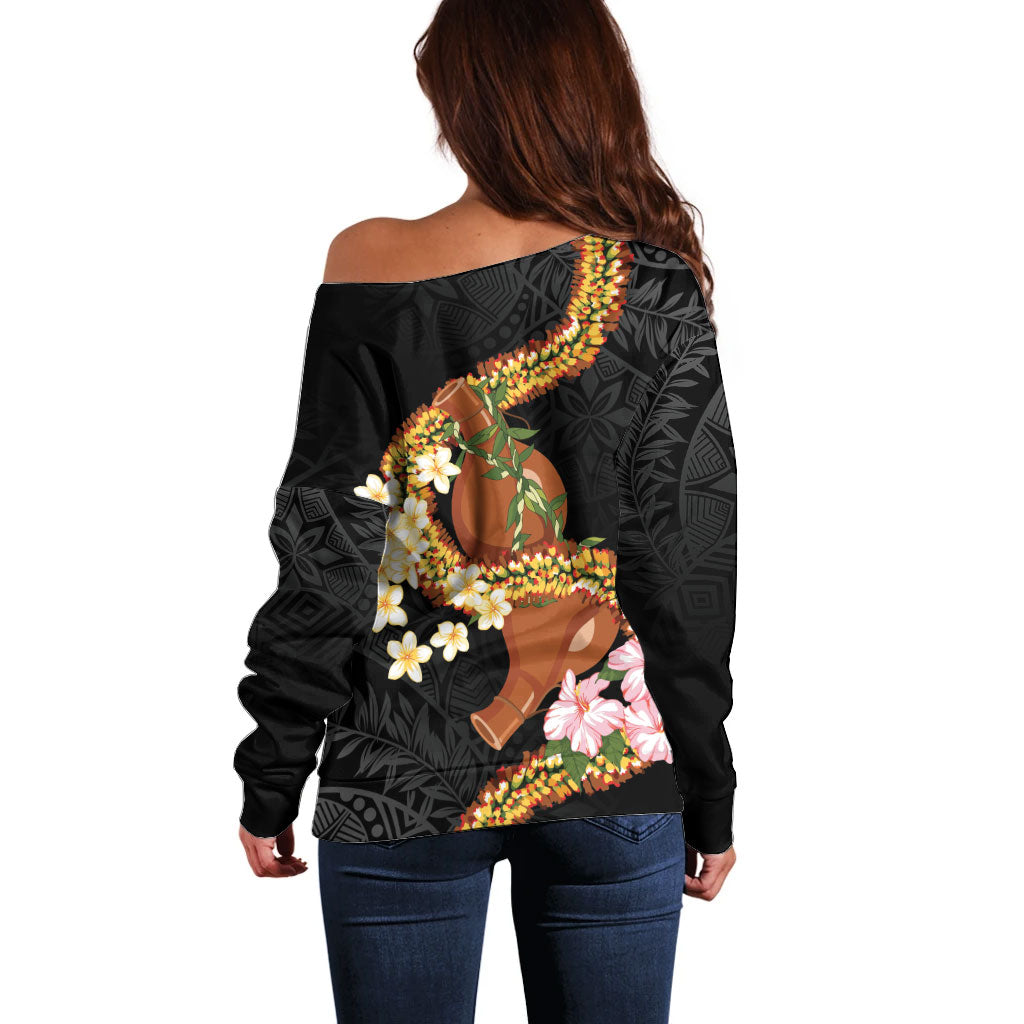 Aloha Hawaii Ipu Gourd Mix ʻĀkulikuli Lei Off Shoulder Sweater Obsidian Black LT7 - Polynesian Pride