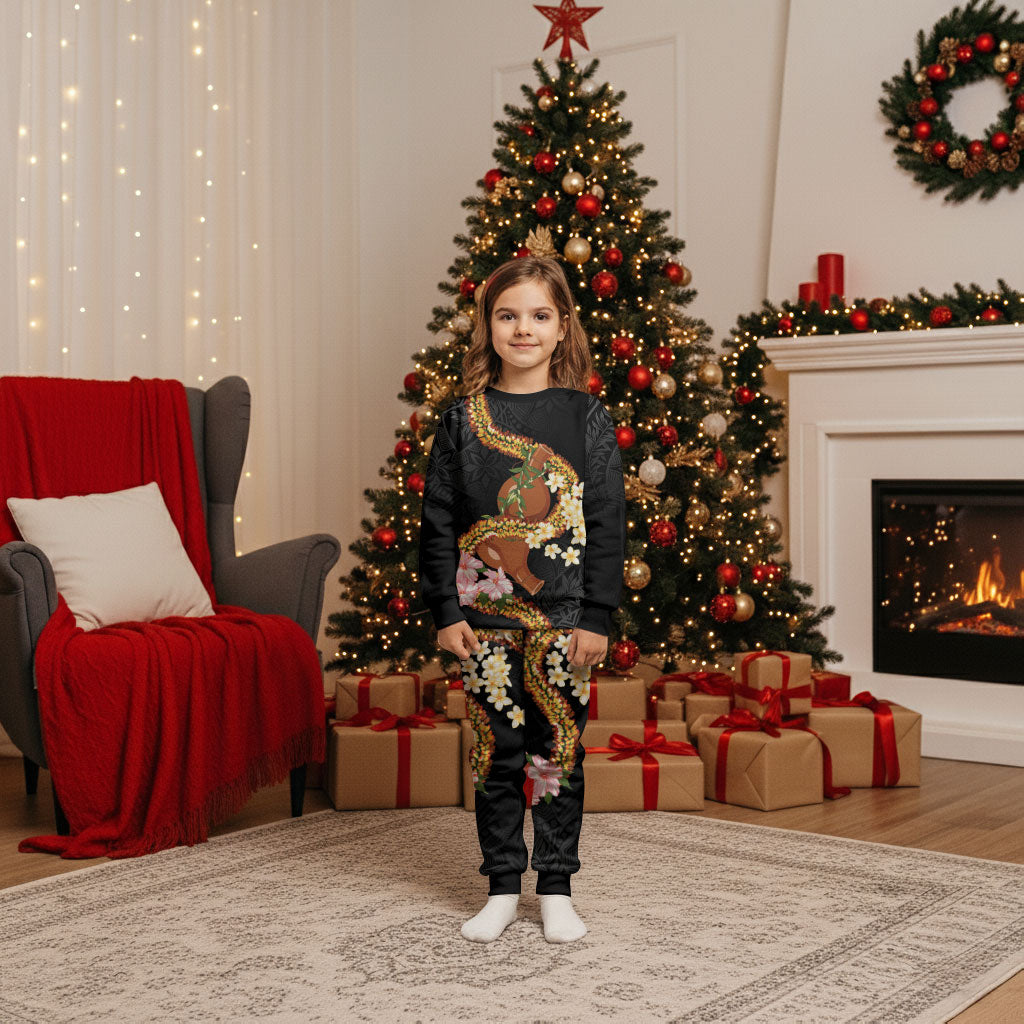 Aloha Hawaii Ipu Gourd Mix ʻĀkulikuli Lei Christmas Pajama Set Obsidian Black LT7 Kid Obsidian Black - Polynesian Pride