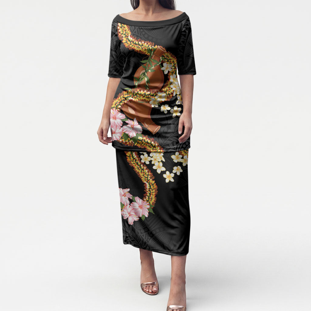 Aloha Hawaii Ipu Gourd Mix ʻĀkulikuli Lei Puletasi Obsidian Black LT7 Long Dress Obsidian Black - Polynesian Pride