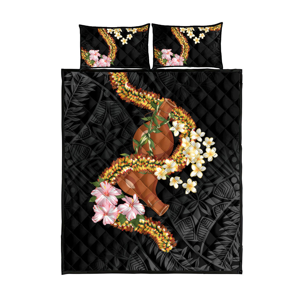 Aloha Hawaii Ipu Gourd Mix ʻĀkulikuli Lei Quilt Bed Set Obsidian Black LT7 - Polynesian Pride