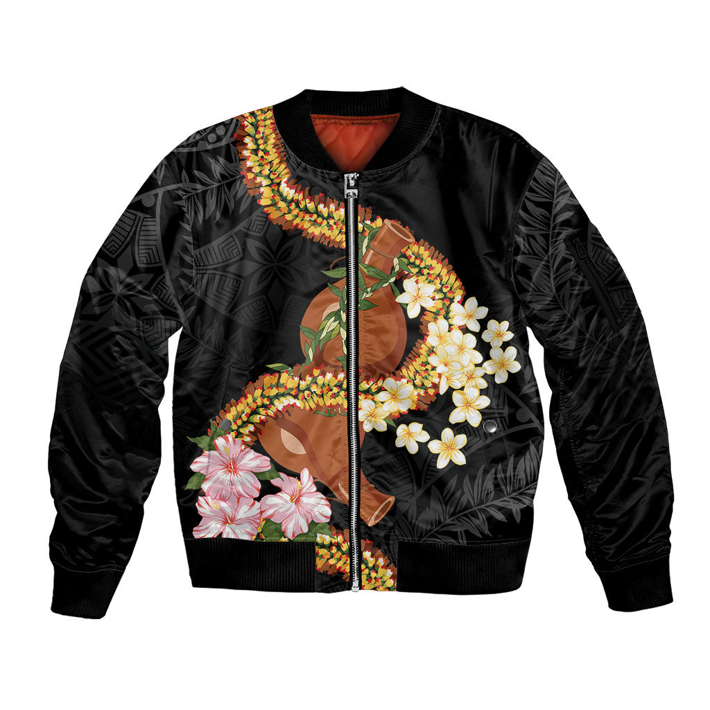 Aloha Hawaii Ipu Gourd Mix ʻĀkulikuli Lei Sleeve Zip Bomber Jacket Obsidian Black LT7 Unisex Obsidian Black - Polynesian Pride
