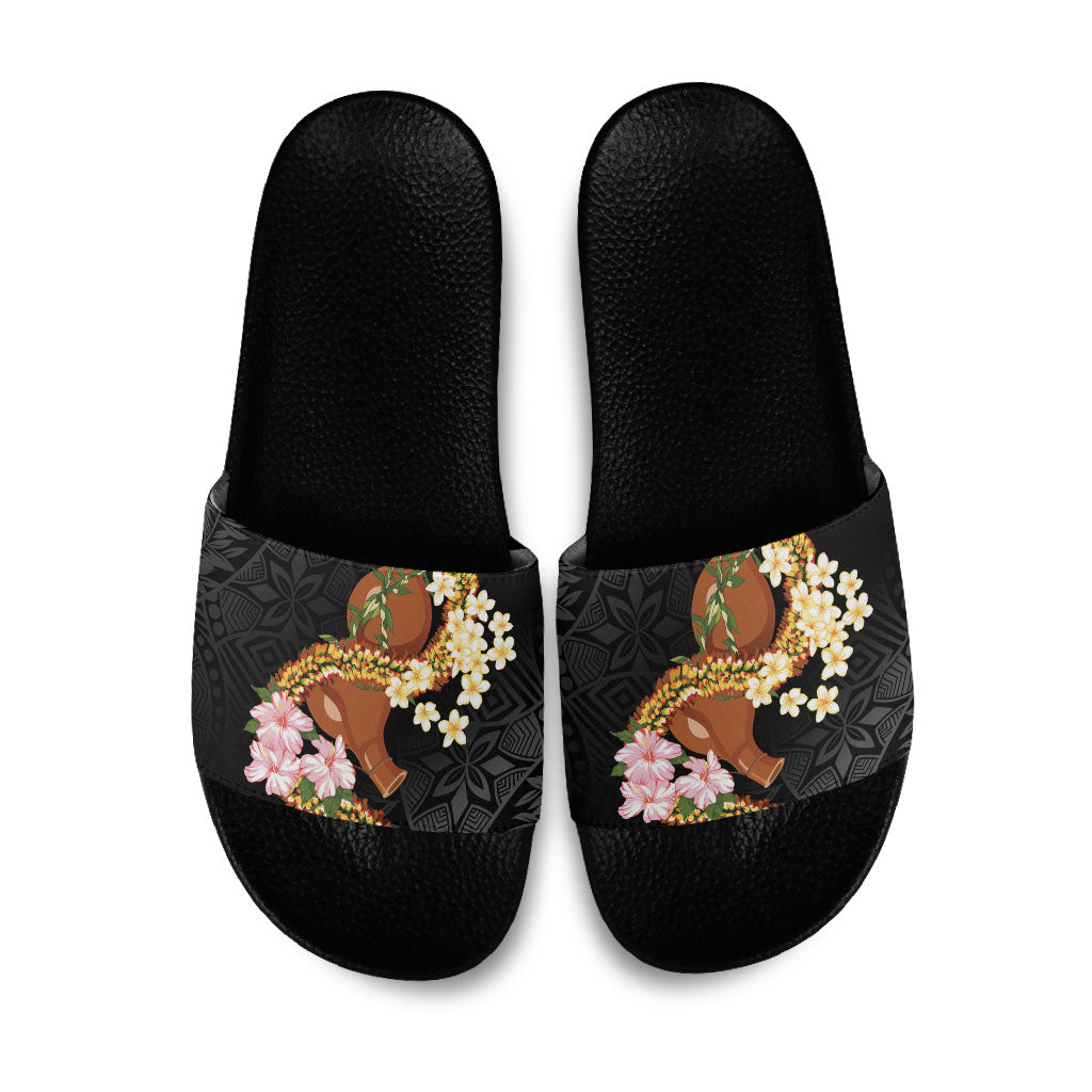 Aloha Hawaii Ipu Gourd Mix ʻĀkulikuli Lei Slide Sandals Obsidian Black LT7 Obsidian Black - Polynesian Pride