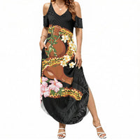 Aloha Hawaii Ipu Gourd Mix ʻĀkulikuli Lei Summer Maxi Dress Obsidian Black LT7 Women Obsidian Black - Polynesian Pride