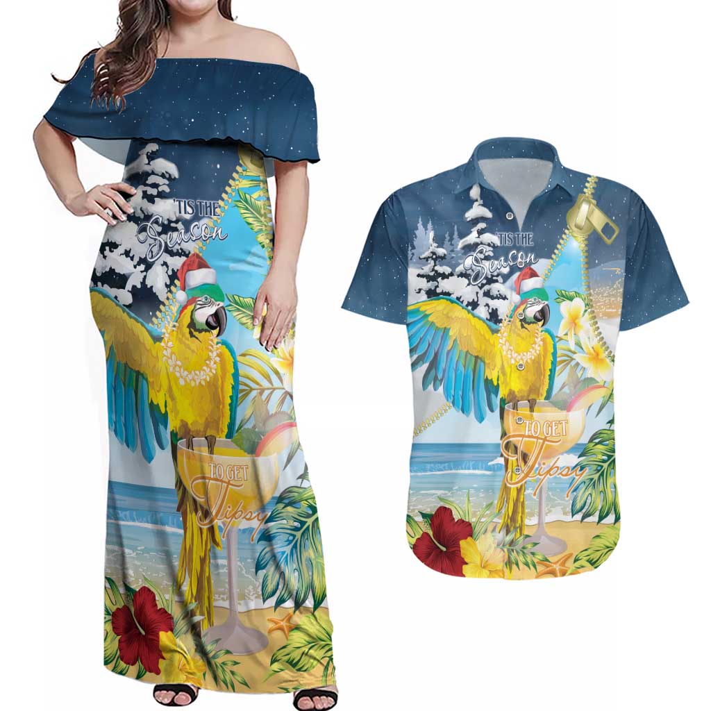 Funny Tropical Christmas Couples Matching Off Shoulder Maxi Dress and Hawaiian Shirt Tis The Season To Get Tipsy