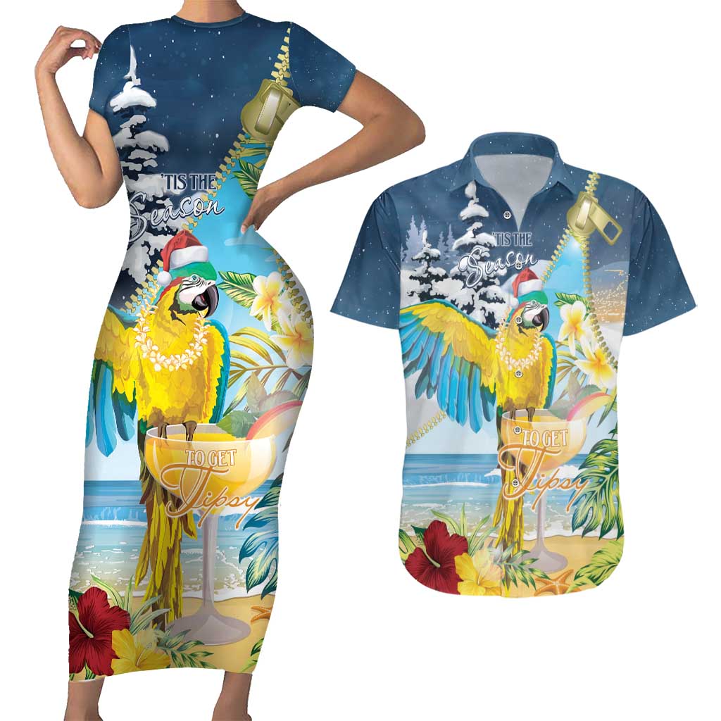 Funny Tropical Christmas Couples Matching Short Sleeve Bodycon Dress and Hawaiian Shirt Tis The Season To Get Tipsy