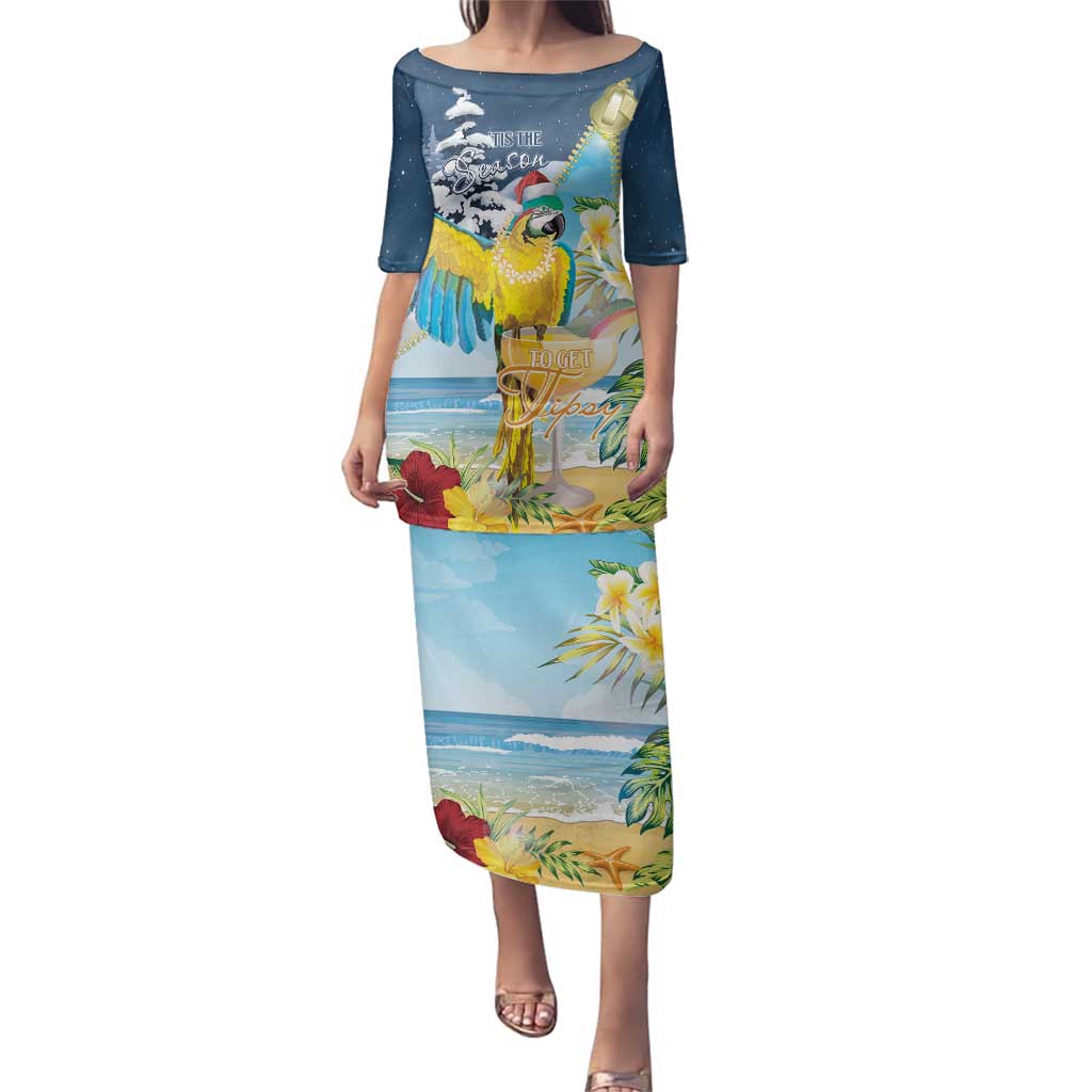 Funny Tropical Christmas Family Matching Puletasi and Hawaiian Shirt Tis The Season To Get Tipsy