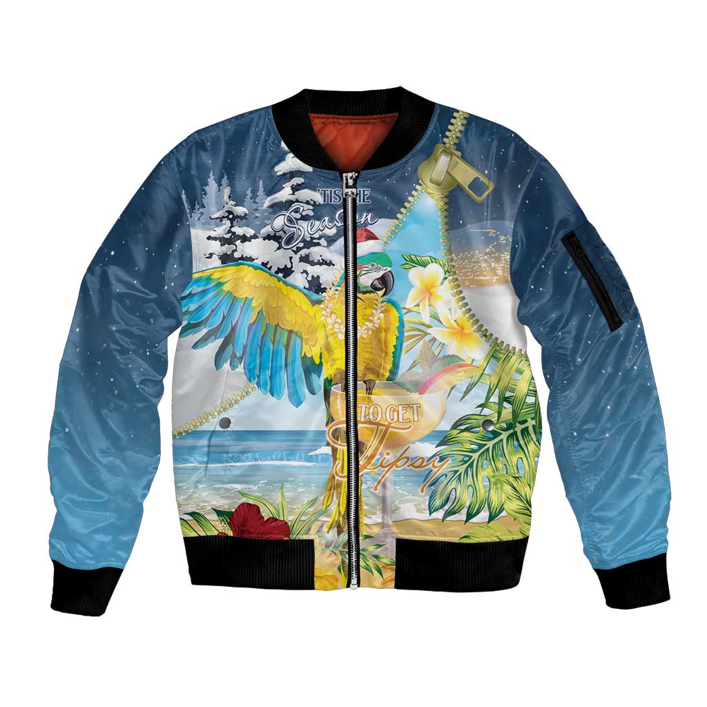 Funny Tropical Christmas Sleeve Zip Bomber Jacket Tis The Season To Get Tipsy