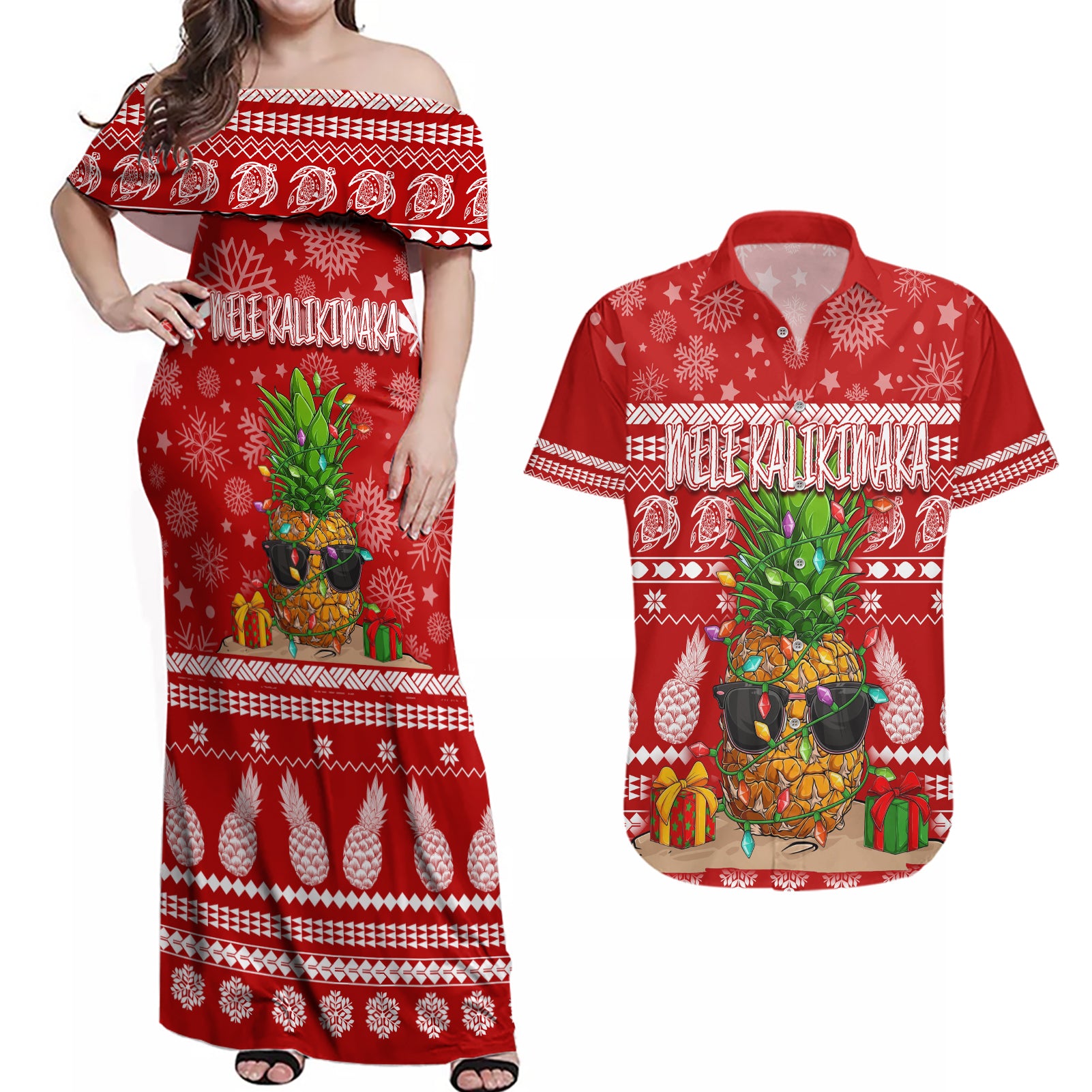 Hawaii Pineapple Christmas Couples Matching Off Shoulder Maxi Dress and Hawaiian Shirt Mele Kalikimaka LT7 Red - Polynesian Pride