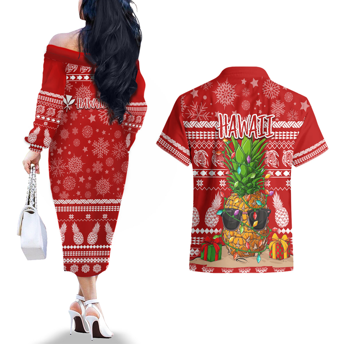 Hawaii Pineapple Christmas Couples Matching Off The Shoulder Long Sleeve Dress and Hawaiian Shirt Mele Kalikimaka LT7 - Polynesian Pride