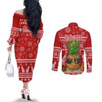 Hawaii Pineapple Christmas Couples Matching Off The Shoulder Long Sleeve Dress and Long Sleeve Button Shirt Mele Kalikimaka LT7 - Polynesian Pride