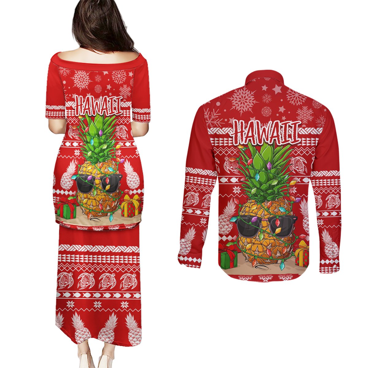 Hawaii Pineapple Christmas Couples Matching Puletasi Dress and Long Sleeve Button Shirt Mele Kalikimaka LT7 - Polynesian Pride