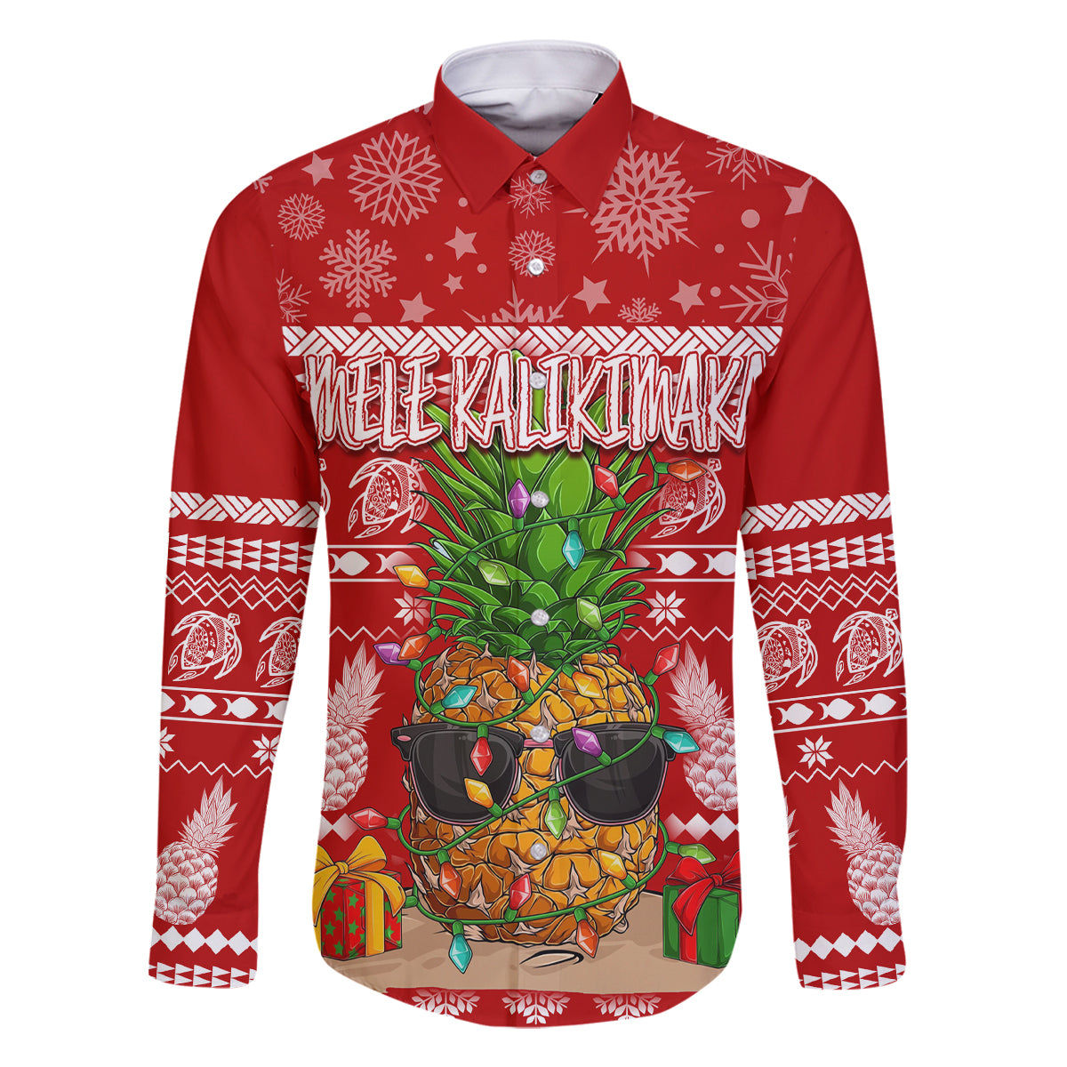 Hawaii Pineapple Christmas Family Matching Off Shoulder Short Dress and Hawaiian Shirt Mele Kalikimaka LT7 Dad's Shirt - Long Sleeve Red - Polynesian Pride
