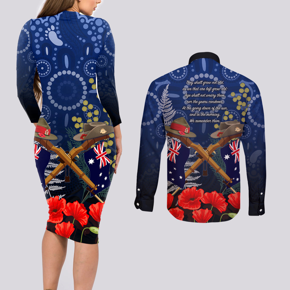 Anzac Couples Matching Long Sleeve Bodycon Dress and Long Sleeve Button Shirt Ausralia Aboriginal Mix New Zealand Slouch Hats LT7 - Polynesian Pride