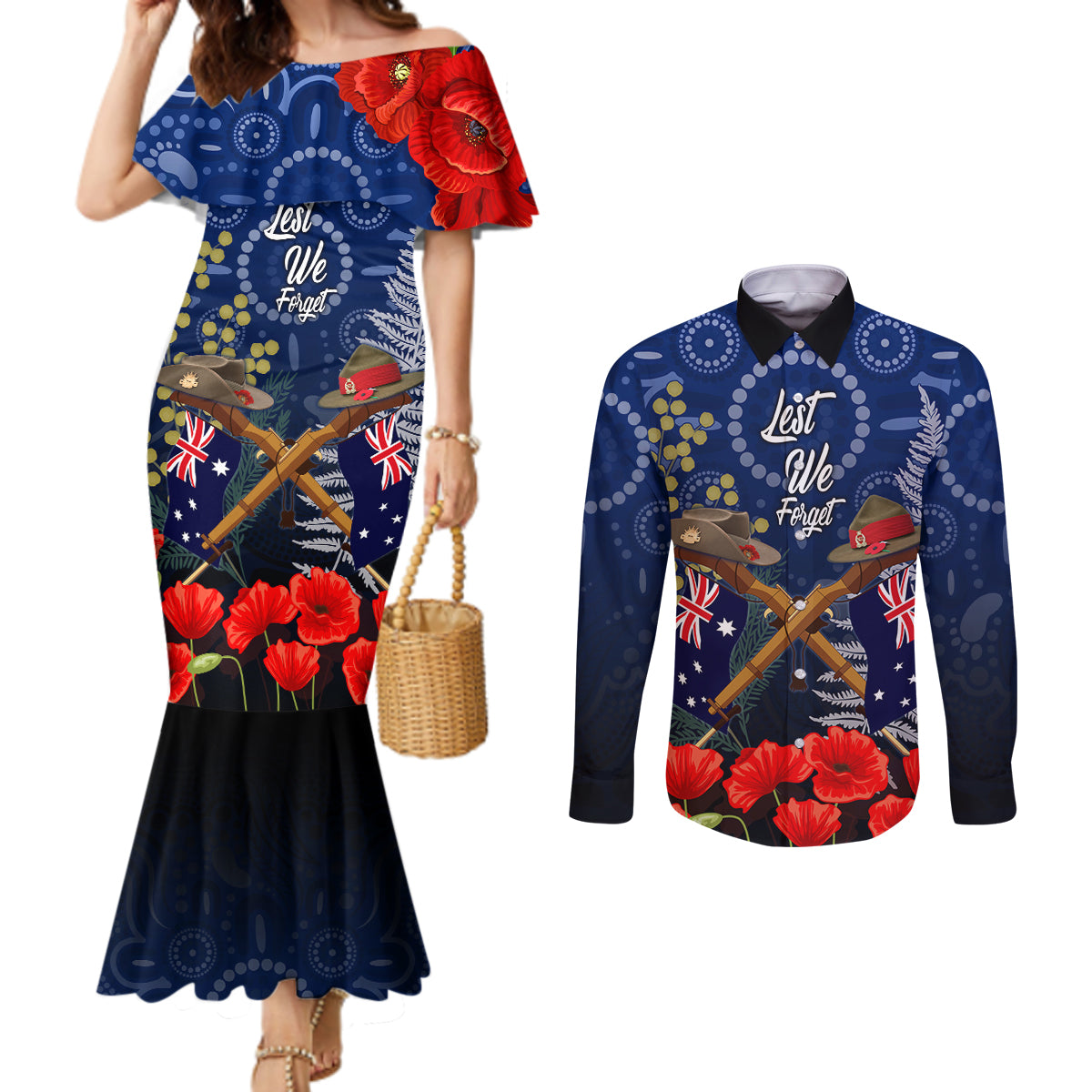 Anzac Couples Matching Mermaid Dress and Long Sleeve Button Shirt Ausralia Aboriginal Mix New Zealand Slouch Hats LT7 Blue - Polynesian Pride