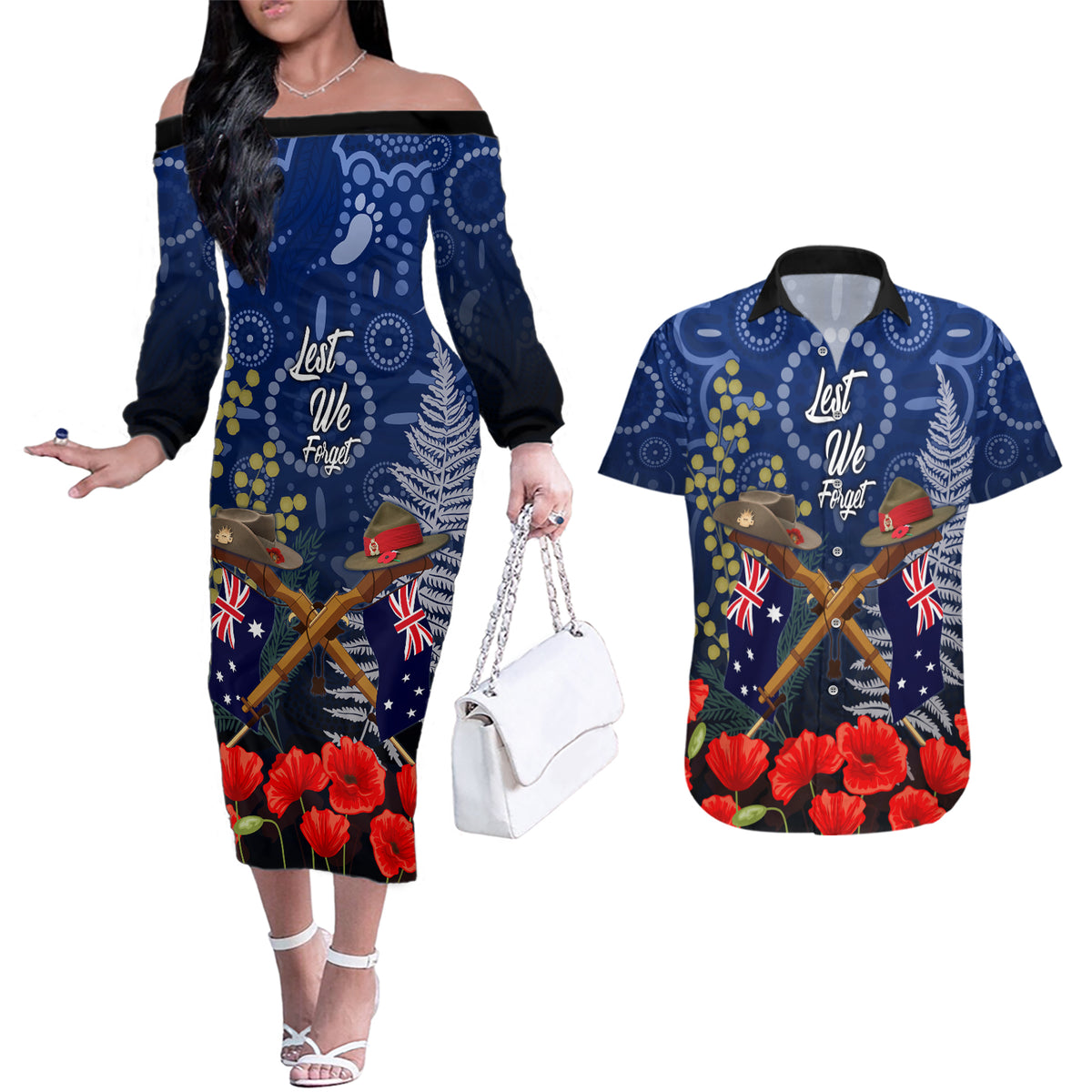 Anzac Couples Matching Off The Shoulder Long Sleeve Dress and Hawaiian Shirt Ausralia Aboriginal Mix New Zealand Slouch Hats LT7 Blue - Polynesian Pride