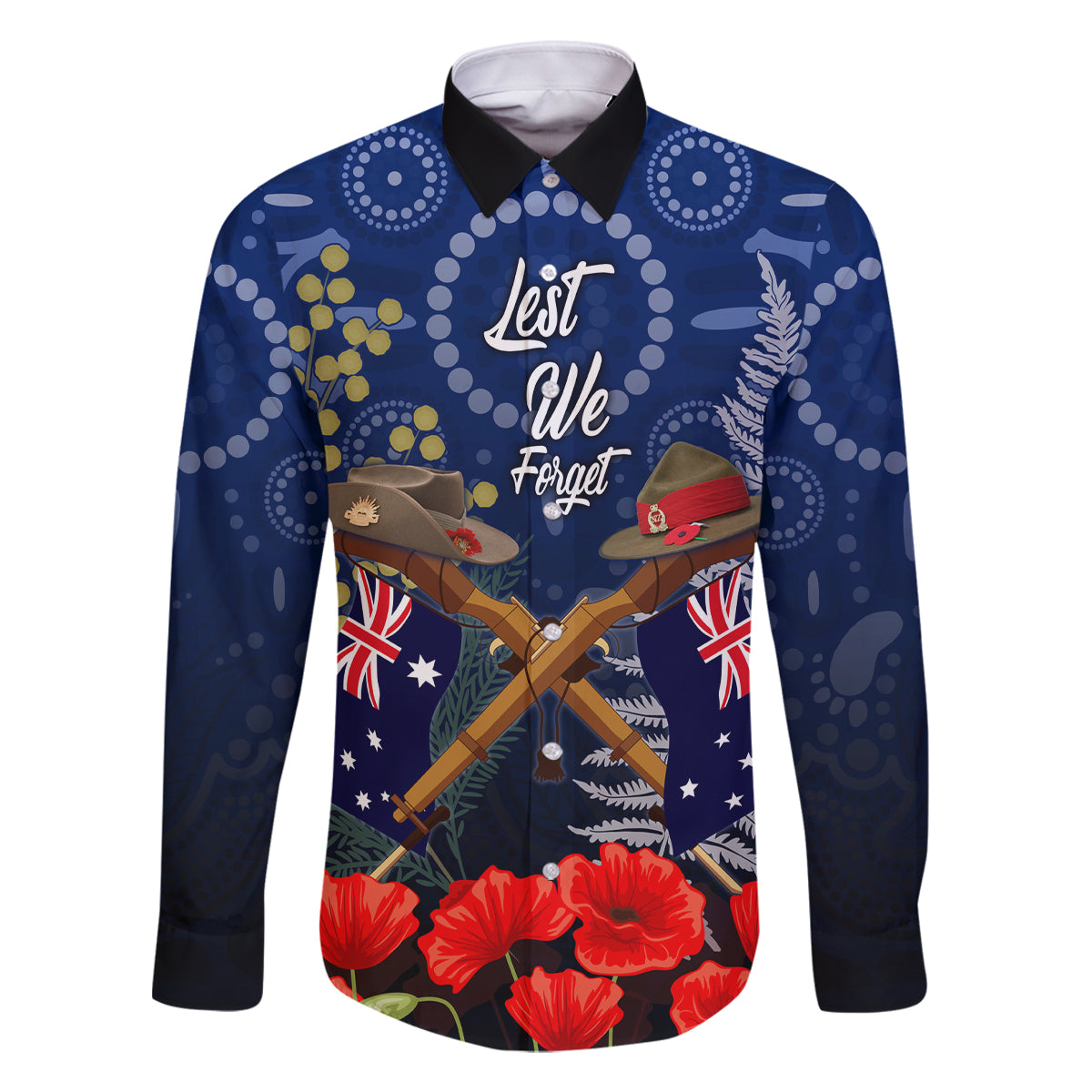 Anzac Family Matching Long Sleeve Bodycon Dress and Hawaiian Shirt Ausralia Aboriginal Mix New Zealand Slouch Hats LT7 Dad's Shirt - Long Sleeve Blue - Polynesian Pride