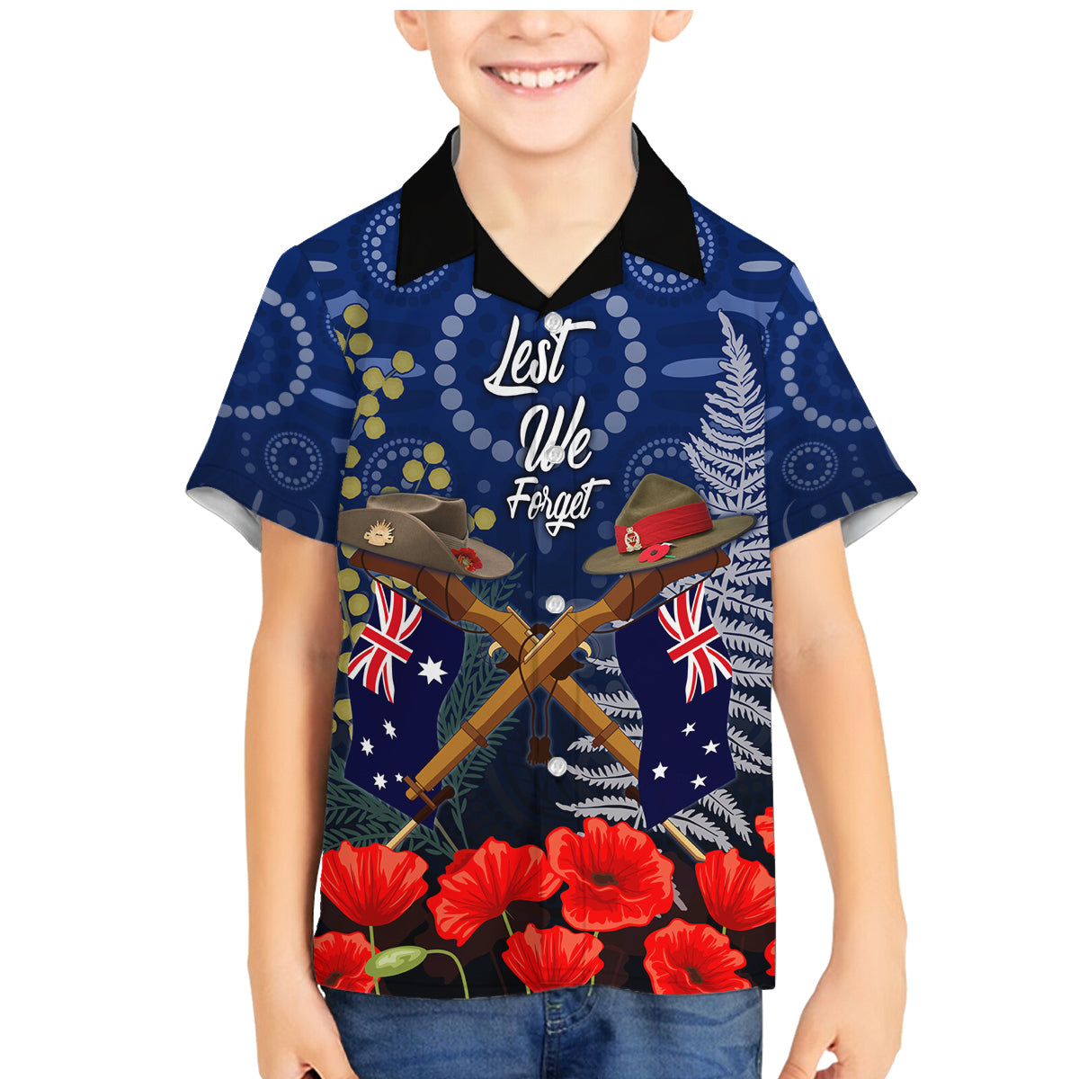 Anzac Family Matching Mermaid Dress and Hawaiian Shirt Ausralia Aboriginal Mix New Zealand Slouch Hats LT7 Son's Shirt Blue - Polynesian Pride