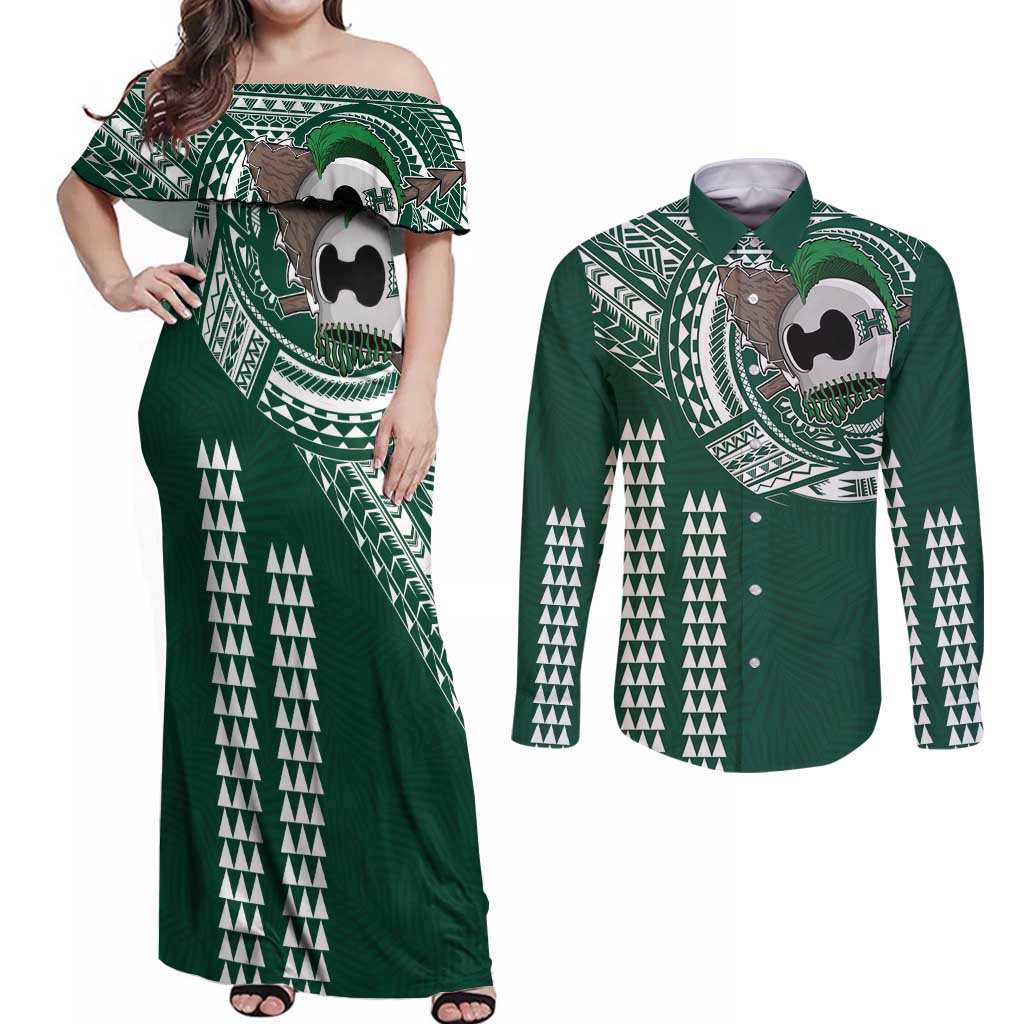 Hawaii Rainbow Warriors Personalized Couples Matching Off Shoulder Maxi Dress and Long Sleeve Button Shirt Kakau Ikakai Laau Pama