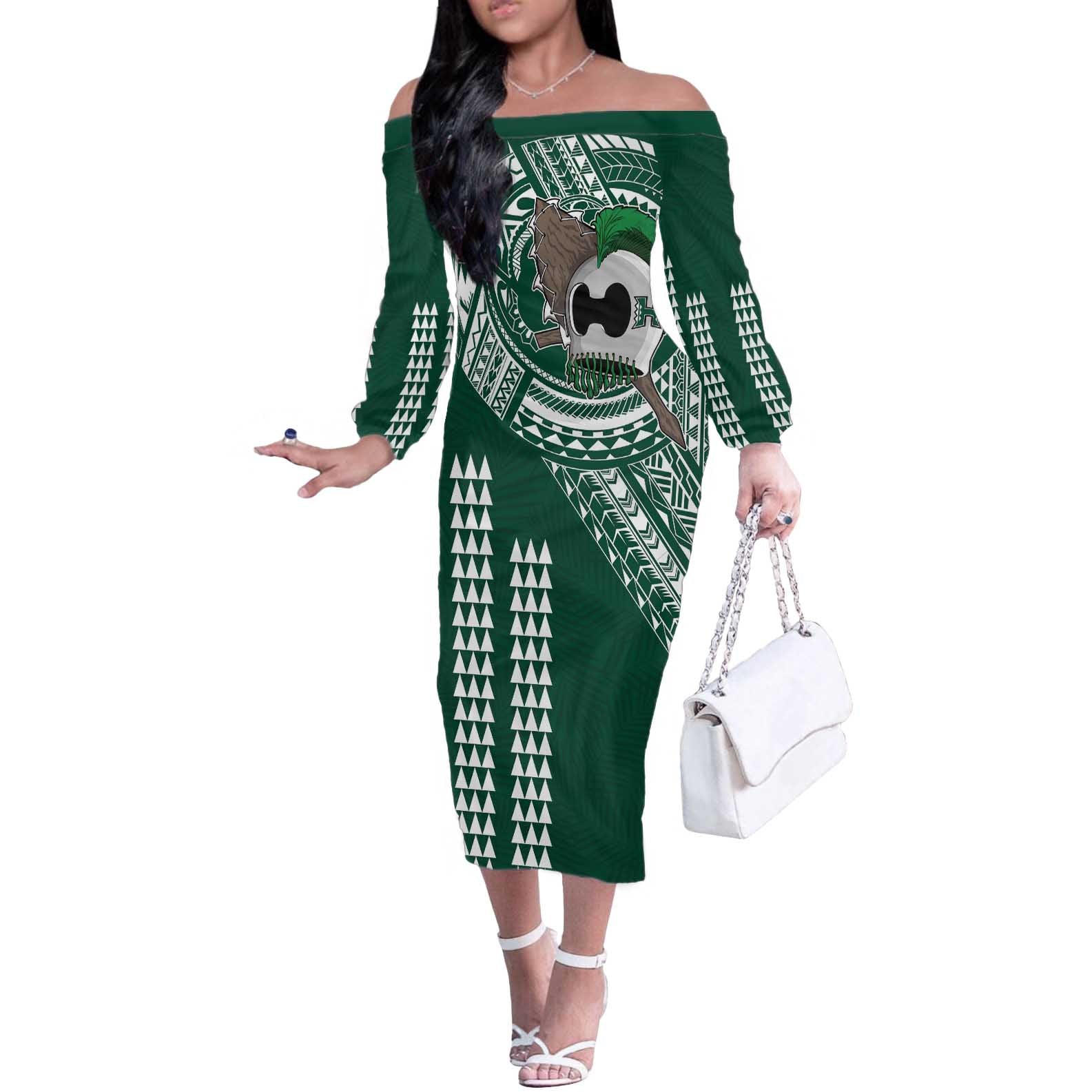 Hawaii Rainbow Warriors Personalized Off The Shoulder Long Sleeve Dress Kakau Ikakai Laau Pama