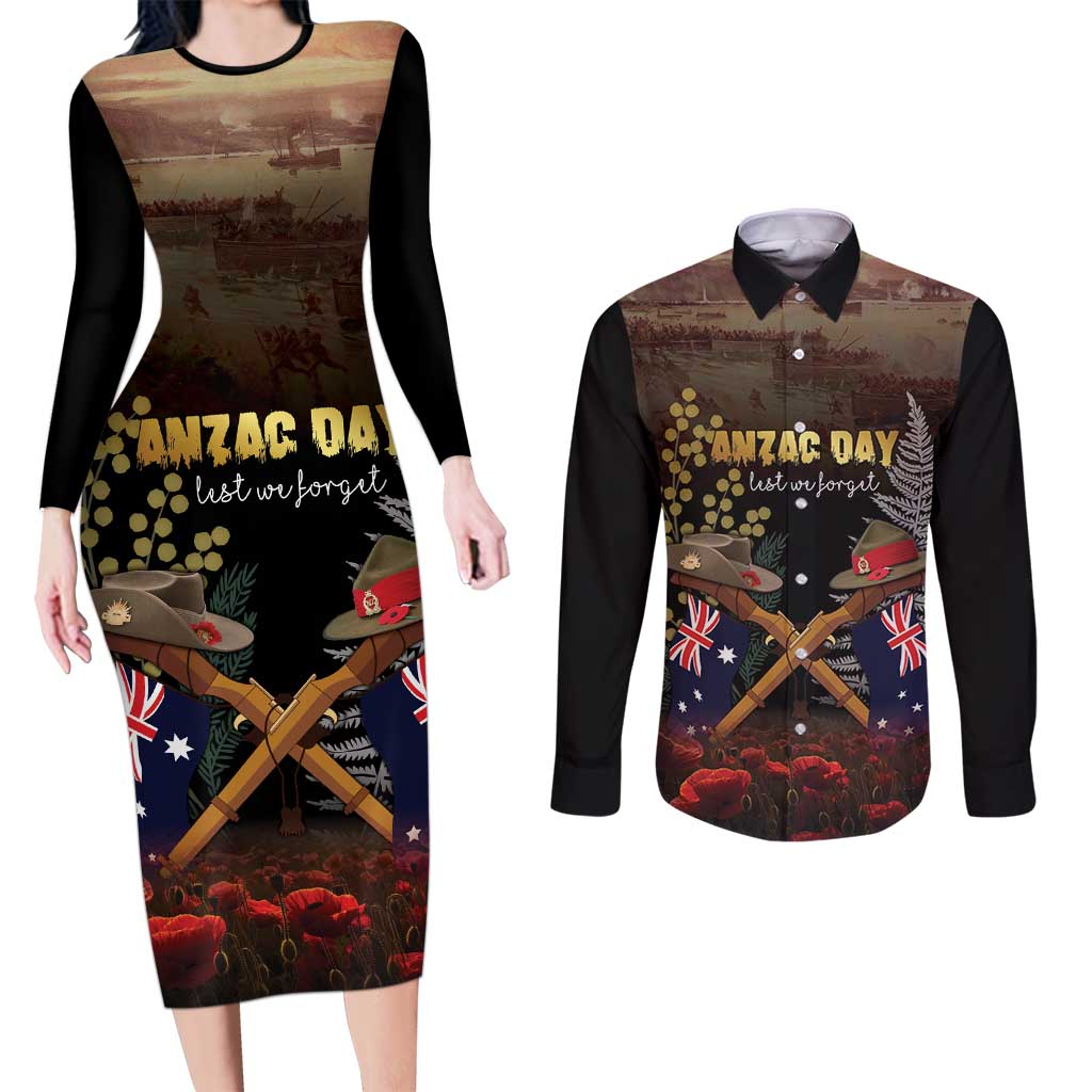 Australia - New Zealand ANZAC Couples Matching Long Sleeve Bodycon Dress and Long Sleeve Button Shirt Gallipoli ANZAC Cove Landing LT7 Black - Polynesian Pride
