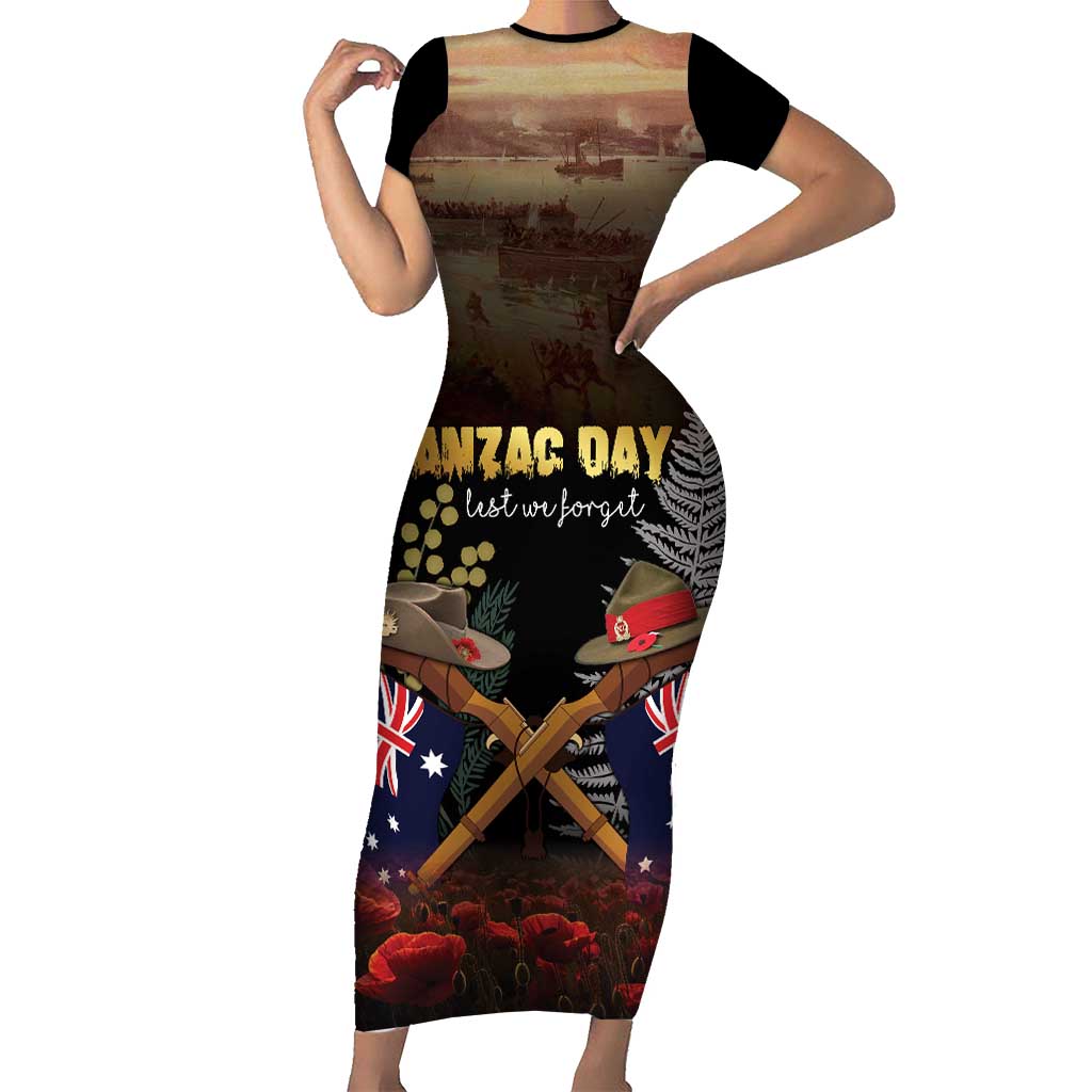 Australia - New Zealand ANZAC Short Sleeve Bodycon Dress Gallipoli ANZAC Cove Landing LT7 Long Dress Black - Polynesian Pride