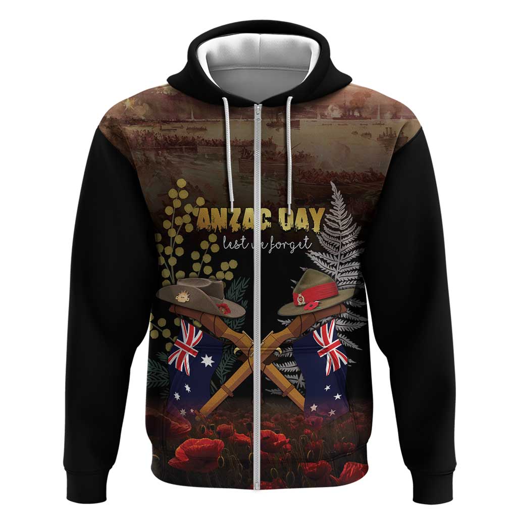Australia - New Zealand ANZAC Zip Hoodie Gallipoli ANZAC Cove Landing LT7 Zip Hoodie Black - Polynesian Pride