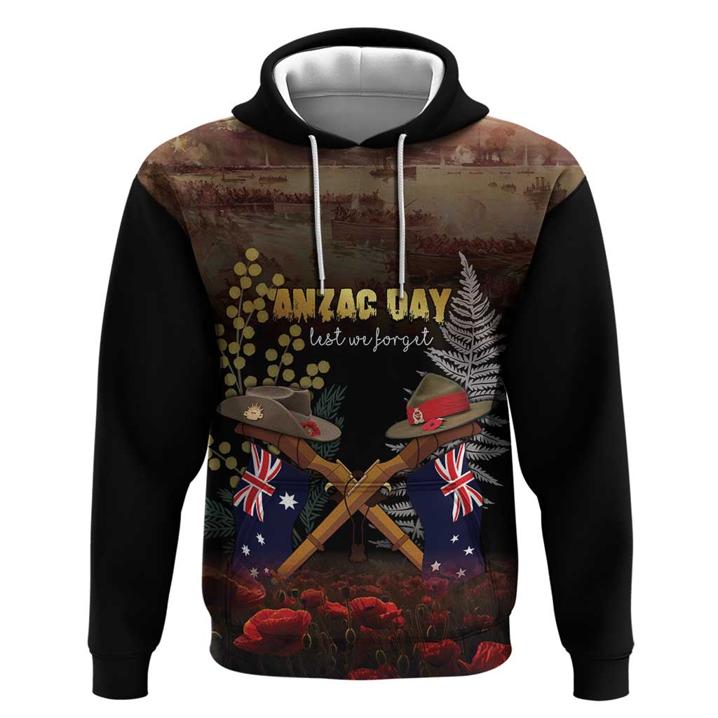 Australia - New Zealand ANZAC Zip Hoodie Gallipoli ANZAC Cove Landing LT7 Pullover Hoodie Black - Polynesian Pride