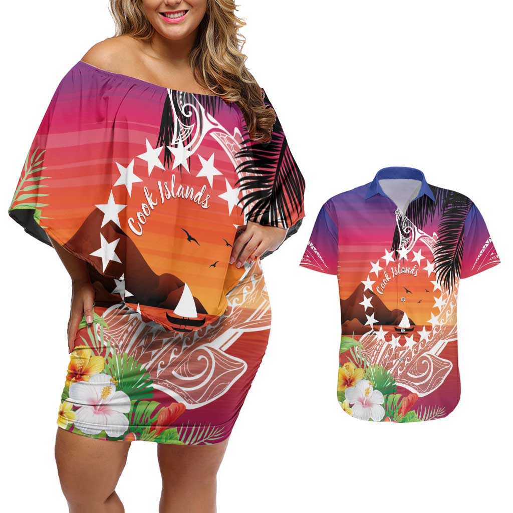 Kia Orana Cook Islands Couples Matching Off Shoulder Short Dress and Hawaiian Shirt Sunset Dream