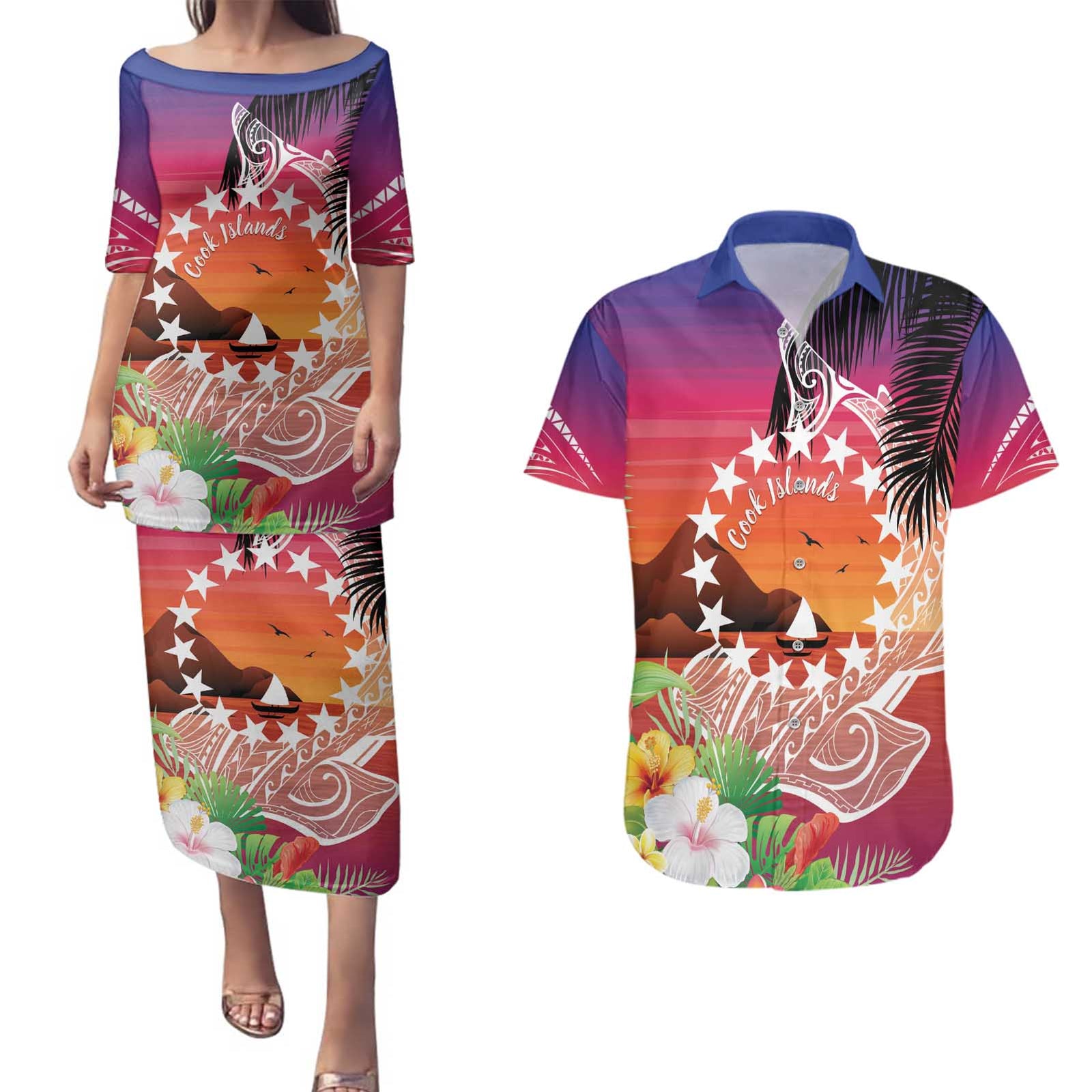 Kia Orana Cook Islands Couples Matching Puletasi and Hawaiian Shirt Sunset Dream