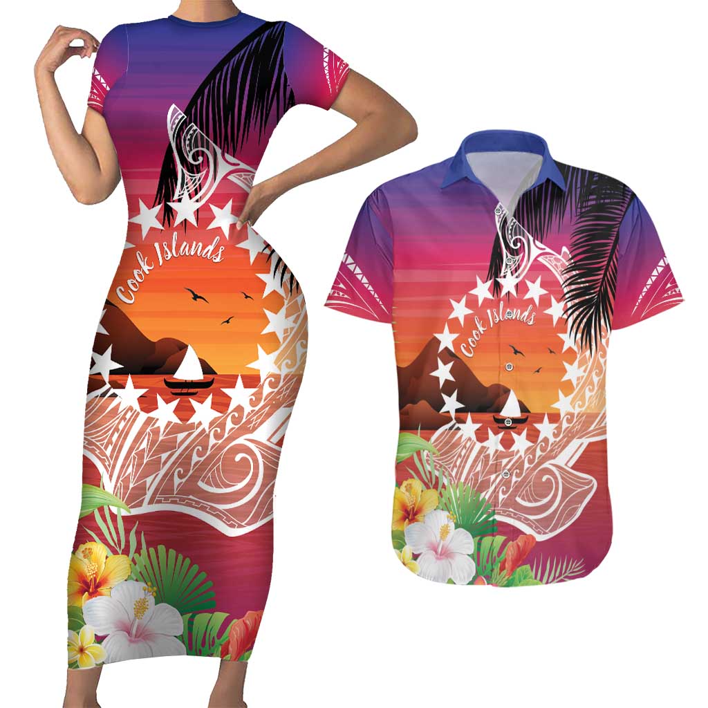 Kia Orana Cook Islands Couples Matching Short Sleeve Bodycon Dress and Hawaiian Shirt Sunset Dream