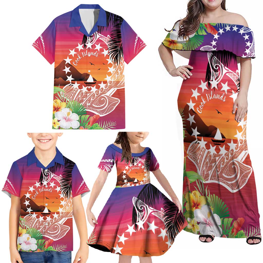 Kia Orana Cook Islands Family Matching Off Shoulder Maxi Dress and Hawaiian Shirt Sunset Dream
