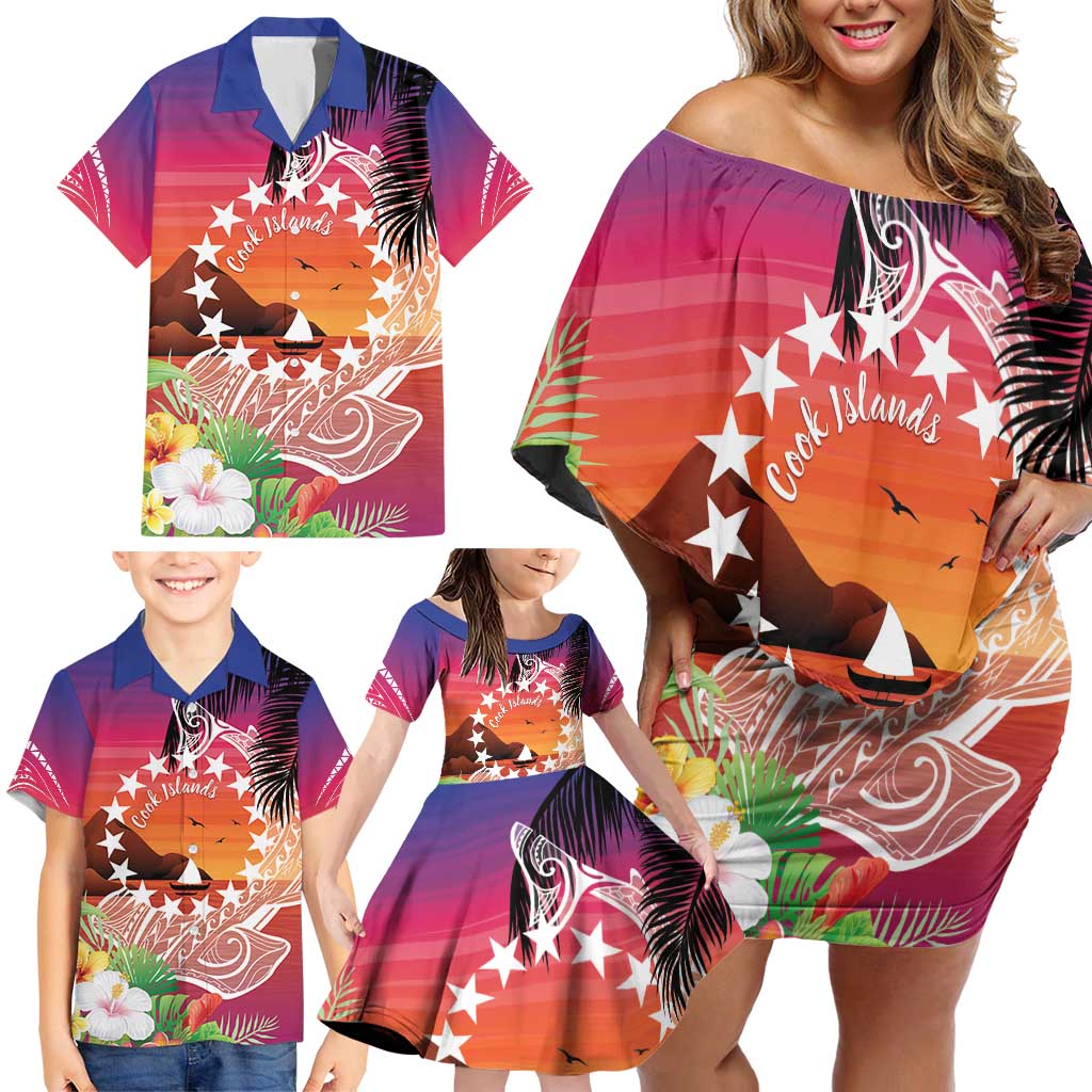 Kia Orana Cook Islands Family Matching Off Shoulder Short Dress and Hawaiian Shirt Sunset Dream