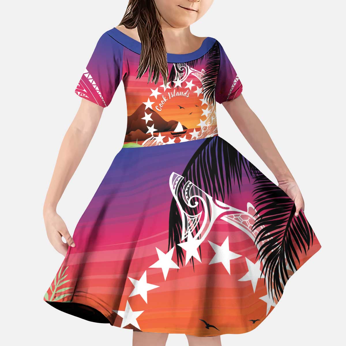 Kia Orana Cook Islands Kid Short Sleeve Dress Sunset Dream