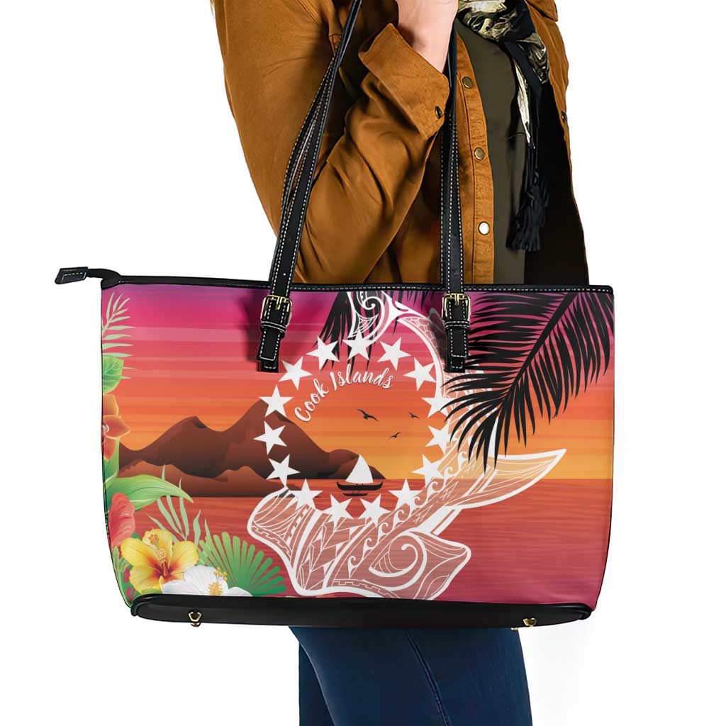Kia Orana Cook Islands Leather Tote Bag Sunset Dream