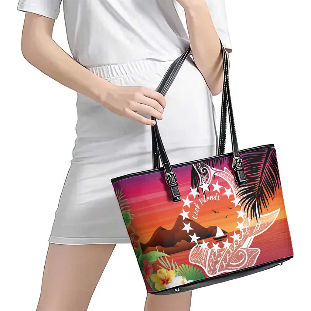 Kia Orana Cook Islands Leather Tote Bag Sunset Dream
