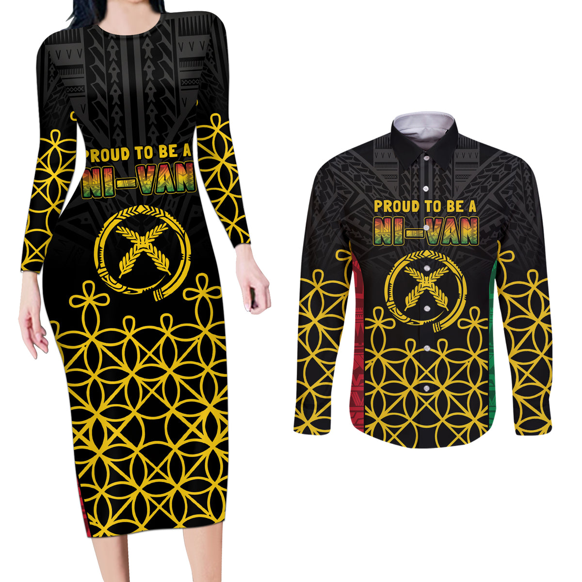 Vanuatu Indipendens Dei Couples Matching Long Sleeve Bodycon Dress and Long Sleeve Button Shirt Tribal Sand Drawing LT7 Colorful - Polynesian Pride