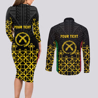 Vanuatu Indipendens Dei Couples Matching Long Sleeve Bodycon Dress and Long Sleeve Button Shirt Tribal Sand Drawing LT7 - Polynesian Pride