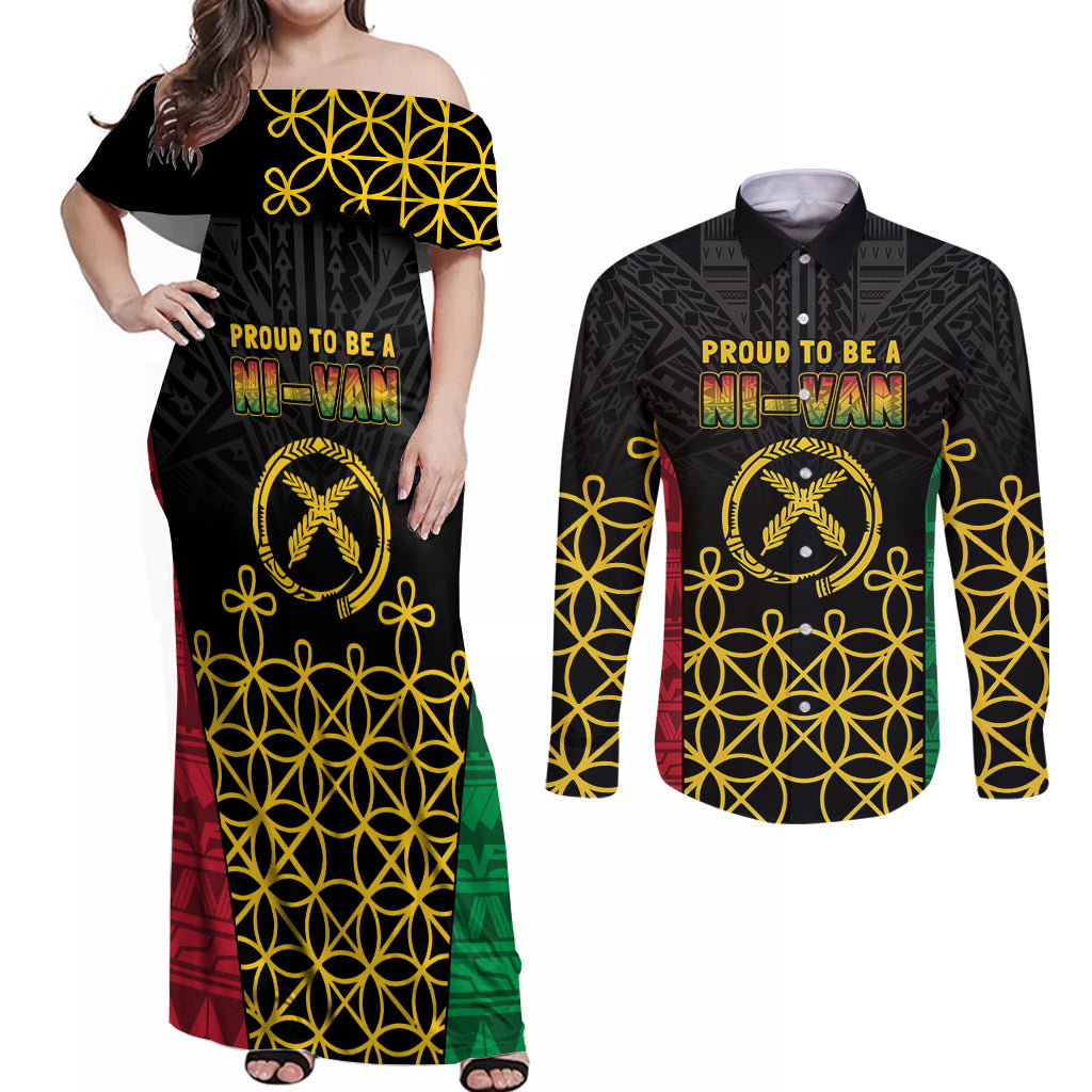 Vanuatu Indipendens Dei Couples Matching Off Shoulder Maxi Dress and Long Sleeve Button Shirt Tribal Sand Drawing