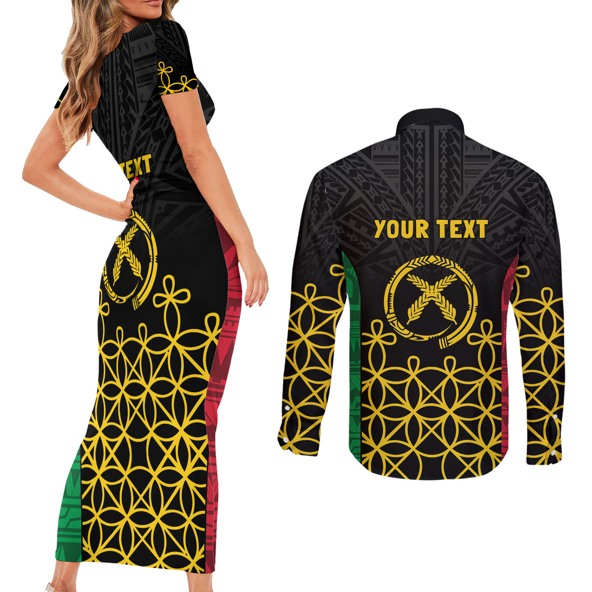 Vanuatu Indipendens Dei Couples Matching Short Sleeve Bodycon Dress and Long Sleeve Button Shirt Tribal Sand Drawing