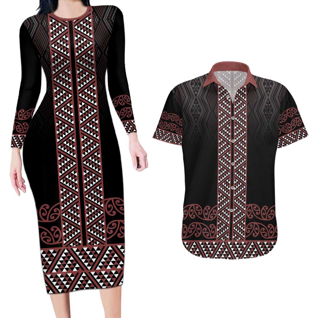 Maori Taniko Patterns Couples Matching Long Sleeve Bodycon Dress and Hawaiian Shirt Brown Niho Taniwha Mix Paatiki Motifs LT7 Brown - Polynesian Pride