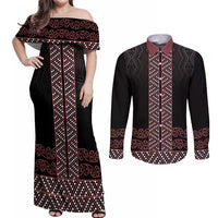 Maori Taniko Patterns Couples Matching Off Shoulder Maxi Dress and Long Sleeve Button Shirt Brown Niho Taniwha Mix Paatiki Motifs