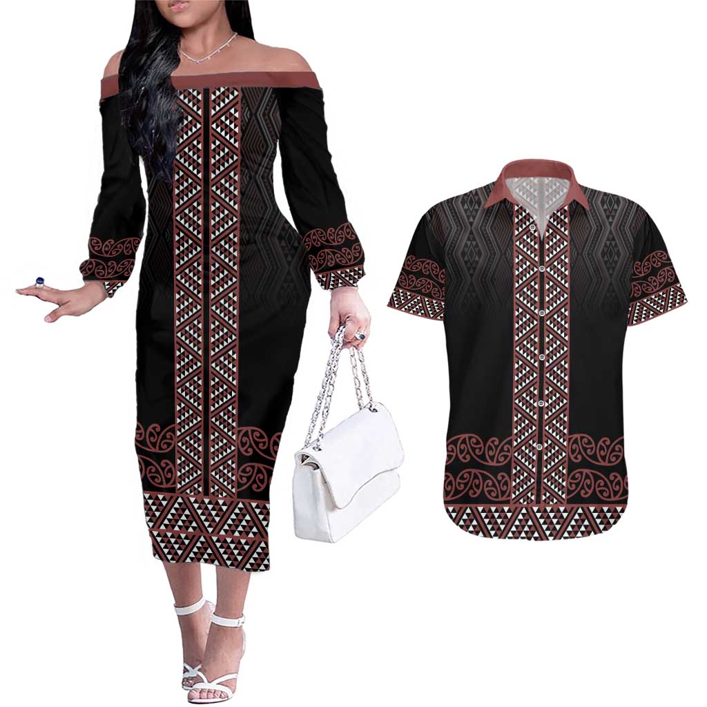Maori Taniko Patterns Couples Matching Off The Shoulder Long Sleeve Dress and Hawaiian Shirt Brown Niho Taniwha Mix Paatiki Motifs LT7 Brown - Polynesian Pride