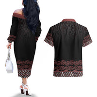 Maori Taniko Patterns Couples Matching Off The Shoulder Long Sleeve Dress and Hawaiian Shirt Brown Niho Taniwha Mix Paatiki Motifs LT7 - Polynesian Pride