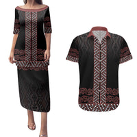 Maori Taniko Patterns Couples Matching Puletasi and Hawaiian Shirt Brown Niho Taniwha Mix Paatiki Motifs LT7 Brown - Polynesian Pride
